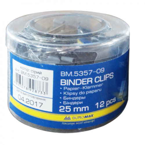 Биндер (зажим для бумаг) 25 мм, цена за 12 шт., туба, серый