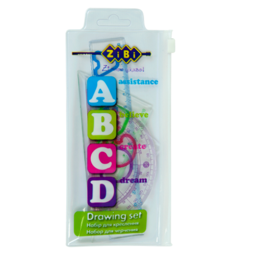 Комплект "ABCD": линейка 15см, 2 угольника, транспортир, ассорти