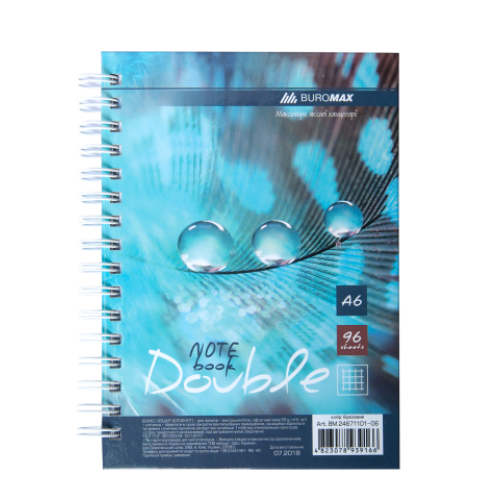 Записная книга DOUBLE А6, на пружине, 96л., клетка, твердый ламинированный переплет, бирюзовый