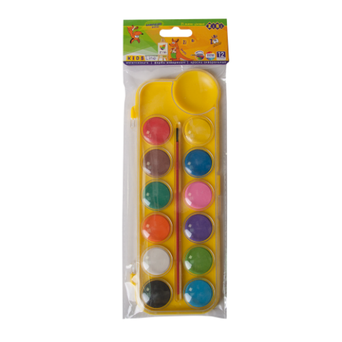 Акварель 12 цветов, пласт./кор., с/кист., желтый