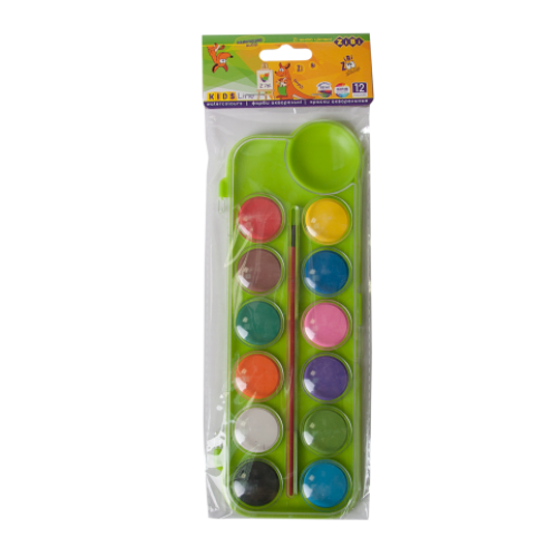 Акварель 12 цветов, пласт./кор., с/кист., салатовый