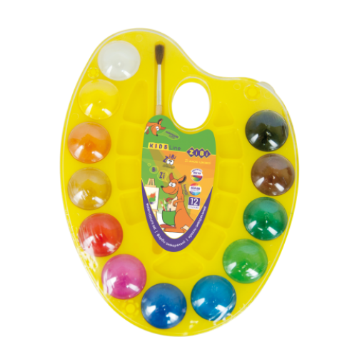 Акварельные краски на палитре, 12 цветов, натуральная кисть, желтая