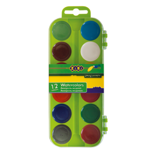 Акварельные краски 12 цветов, пластик. салатовый футляр
