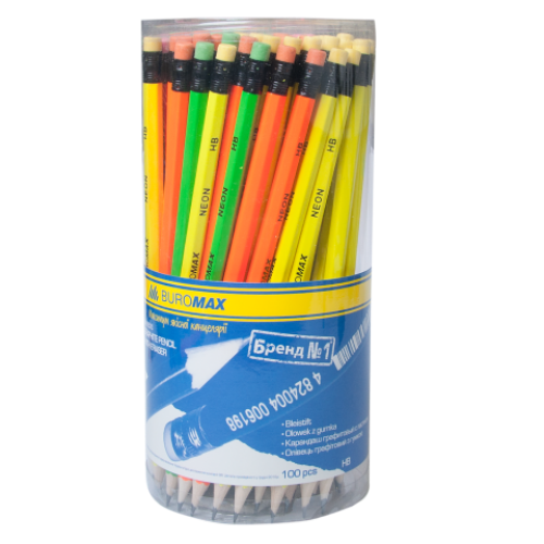 Карандаш графитовый HB, ассорти неон, с ластиком, блистер