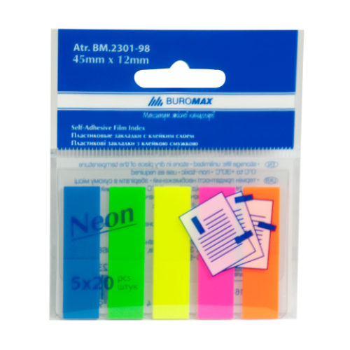 Закладки пластиковые NEON 45x12мм, 5х20 листов, JOBMAX, ассорти