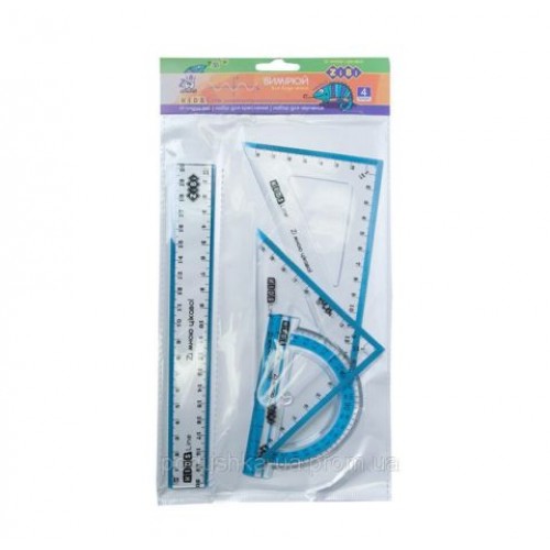 Комплект: линейка 20см, 2 угольника, транспортир, с голубой полосой, KIDS Line