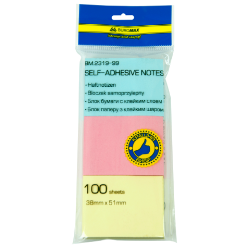 Блок бумаги для заметок 38 x 51мм, 100 листов, ассорти (3 штуки в блистере)