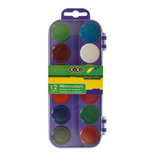 Акварельные краски 12 цветов, пластик. белый футляр