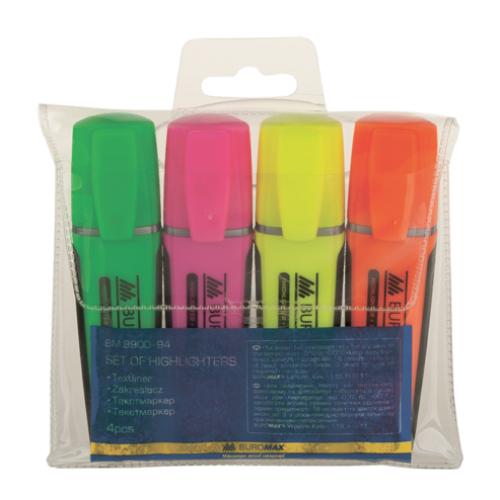 Комплект: 4 флуоресцентных текст-маркеров с резиновыми вставками