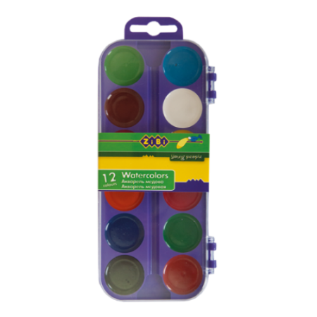 Акварельные краски 12 цветов, пластик. фиолетовый футляр